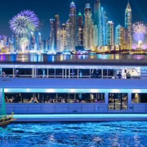 Dubai Marina New Year’s Eve dhow cruise with fireworks view of Palm Jumeirah and Ain Dubai at night