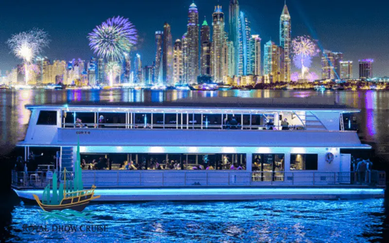 Dubai Marina New Year’s Eve dhow cruise with fireworks view of Palm Jumeirah and Ain Dubai at night