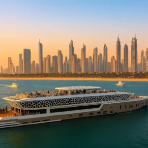 Five Star Mega Yacht Marina Deal Dubai featuring Lotus Mega Yacht 5-star dinner cruise with buffet dinner, live entertainment, and sightseeing of Dubai Marina luxury cruise.