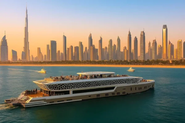Five Star Mega Yacht Marina Deal Dubai featuring Lotus Mega Yacht 5-star dinner cruise with buffet dinner, live entertainment, and sightseeing of Dubai Marina luxury cruise.