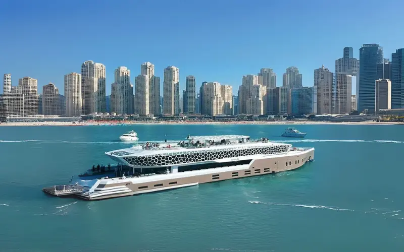 Five Star Mega Yacht Marina Deal Dubai featuring Lotus Mega Yacht 5-star dinner cruise with buffet dinner, live entertainment, and sightseeing of Dubai Marina luxury cruise.