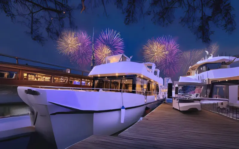 Premium Luxury Canal Cruise Dubai NYE with spectacular Burj Khalifa fireworks and luxury yacht setting