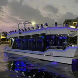 Traditional Tanoura dance performance during New Year’s Eve celebrations on a luxury white yacht in Dubai.