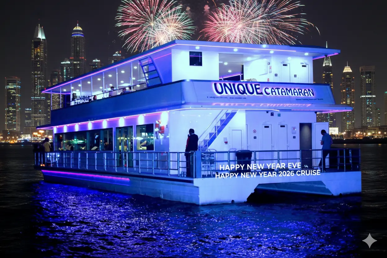 unique catamaran dubai marina cruise yacht new year eve 2026