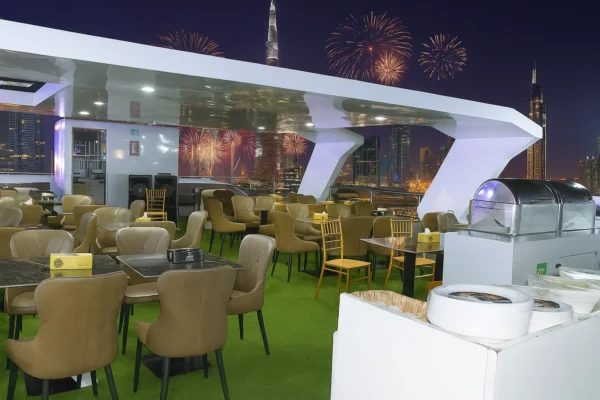 white dinner upper deck luxury canal cruise Dubai nye eve