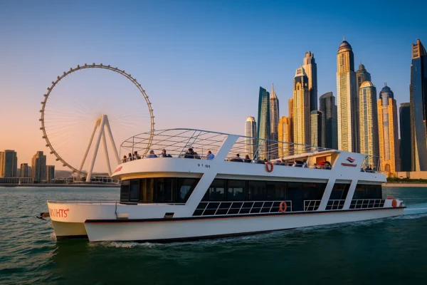 Luxury exclusive yacht dinner cruise yacht sailing through Dubai Marina at sunset and night with city skyline in the background