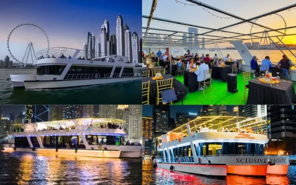 Guests boarding Dubai Marina dinner cruise via red carpet at Xclusive Yachts pier