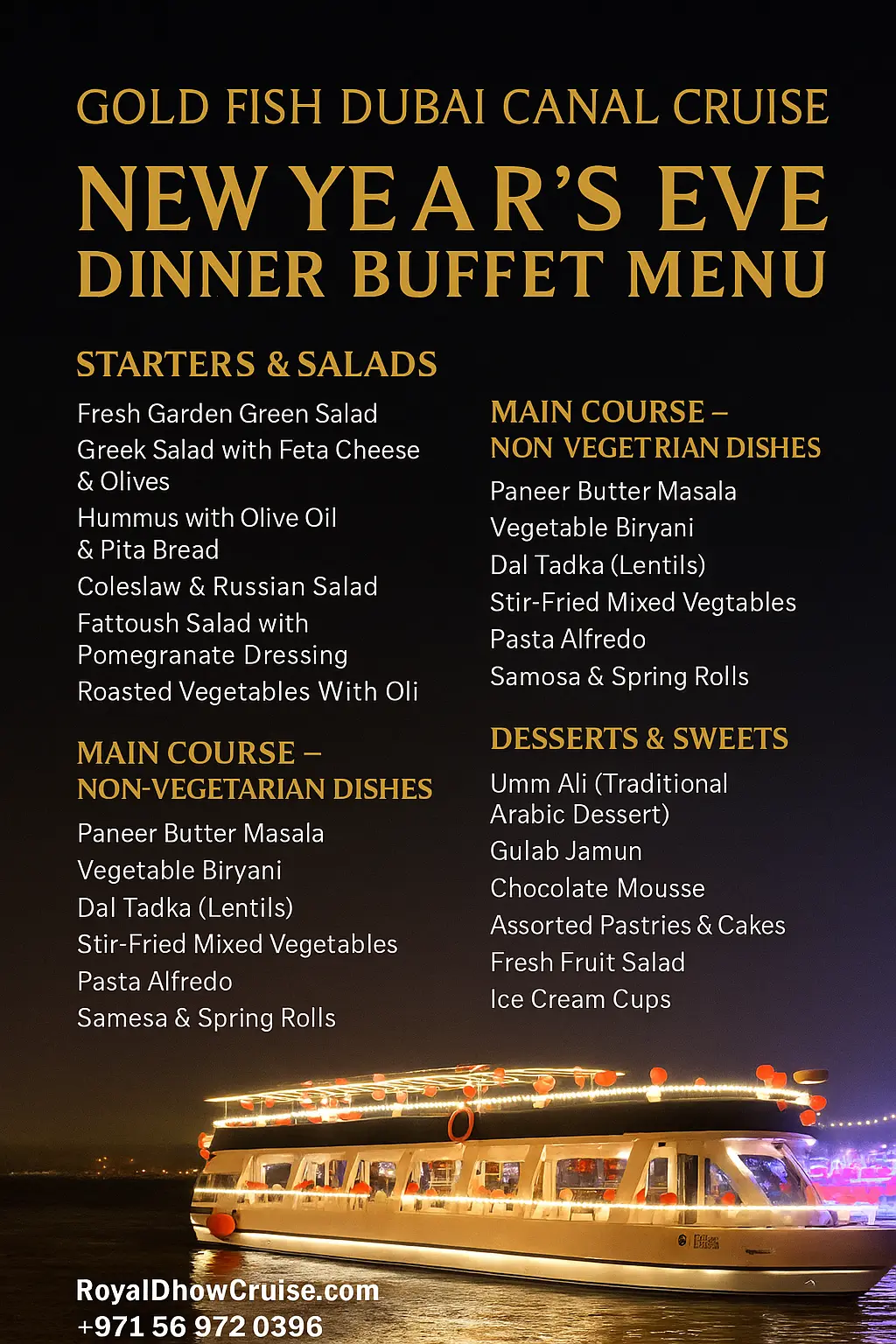 Burj Khalifa New Year Eve Gold Fish Dubai Canal Cruise food menu